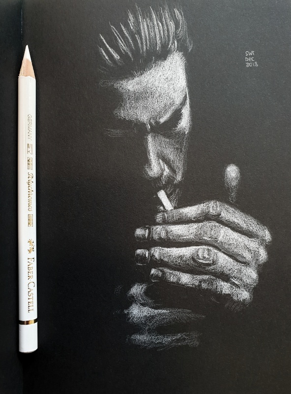 Sketch on black paper – man smoking – Sketch and Crochet